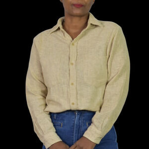 Vintage Cotton Button Down Shirt Tan Oatmeal Woven Gauze India Casual Small Mens